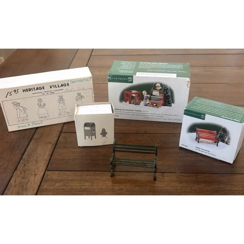 Dept 56 Village Accessories Lot: Shopkeepers, Candle Maker, Benches, Mailbox